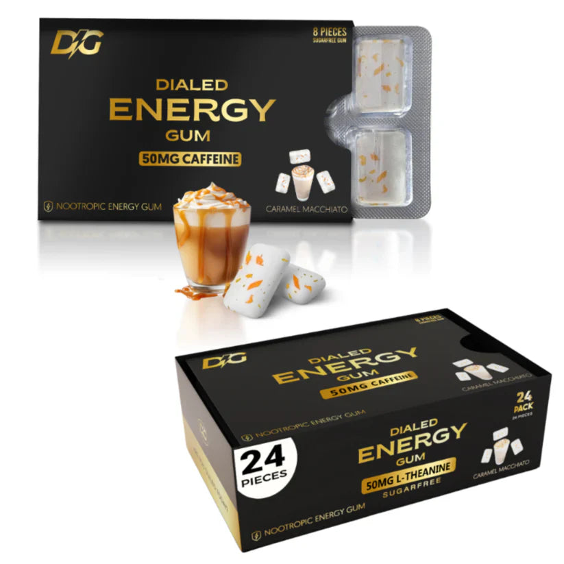 Cool Mint Dialed Energy Gum™ 14-pack, fresh mint-flavored gum with vibrant packaging, designed for quick energy boost.