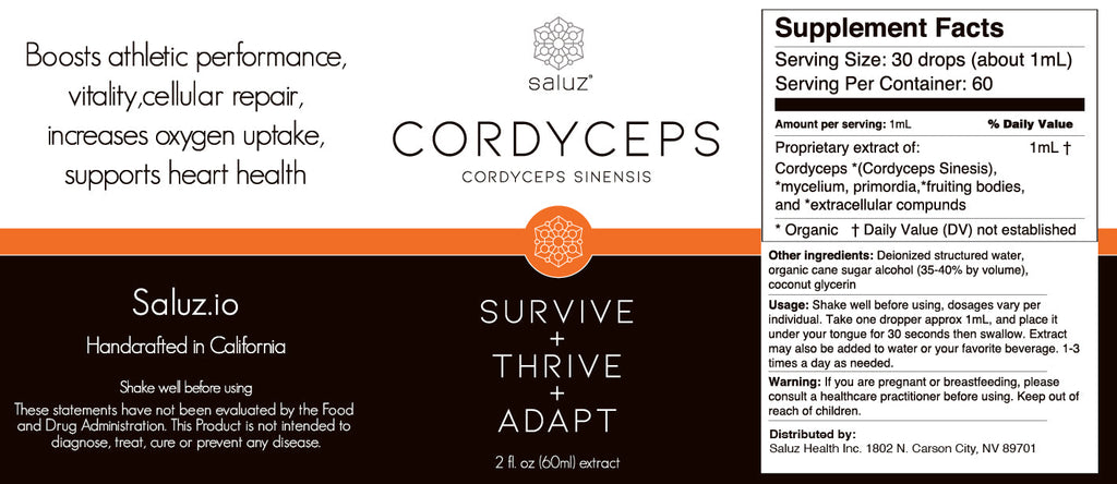 Saluz.io Cordyceps Mushroom Tincture 2 oz. bottle label showing natural energy supplement for vitality and wellness.
