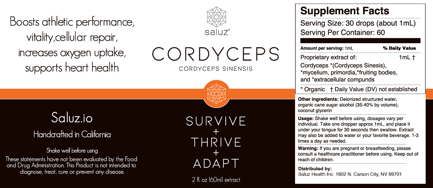 Saluz.io Cordyceps Mushroom Tincture 2 oz. bottle label showing natural energy supplement for vitality and wellness.