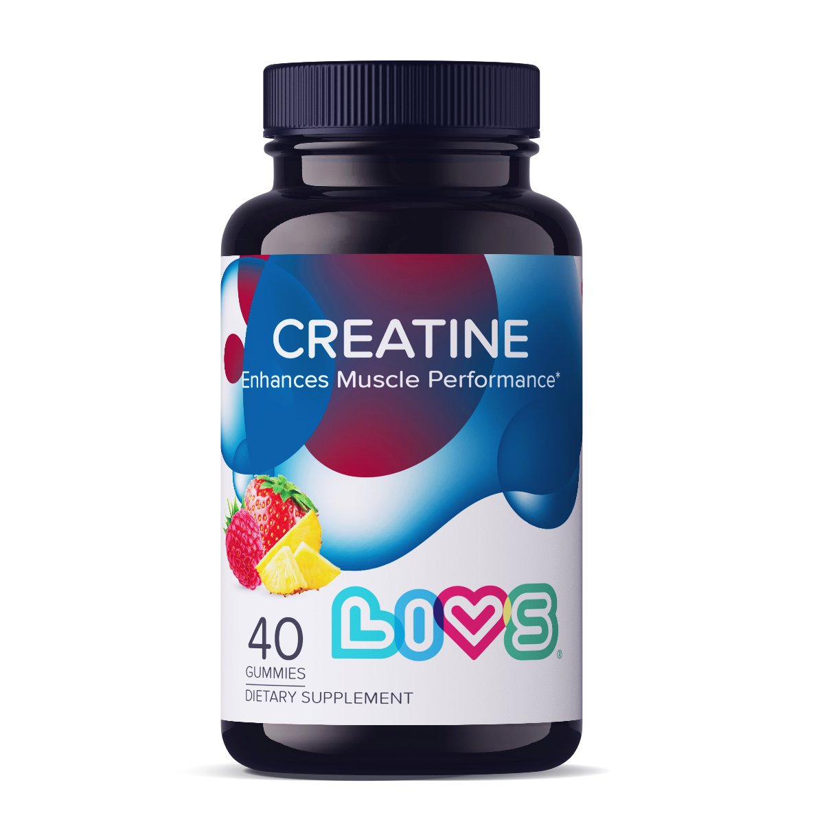LIVS Gummies strawberry and pineapple flavored creatine supplement in a clear bottle with colorful gummies inside.