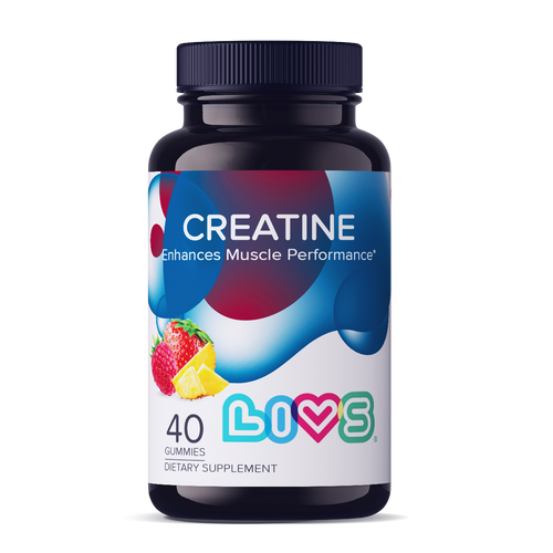 LIVS Gummies strawberry and pineapple flavored creatine supplement in a clear bottle with colorful gummies inside.