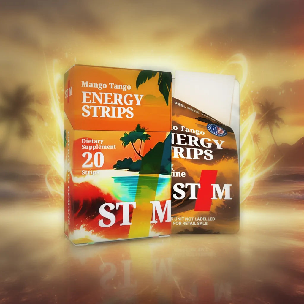 STIM Energy Strips Mango Tango flavor pack of 20 oral dissolving strips for quick energy boost from STIM Energy On Demand.
