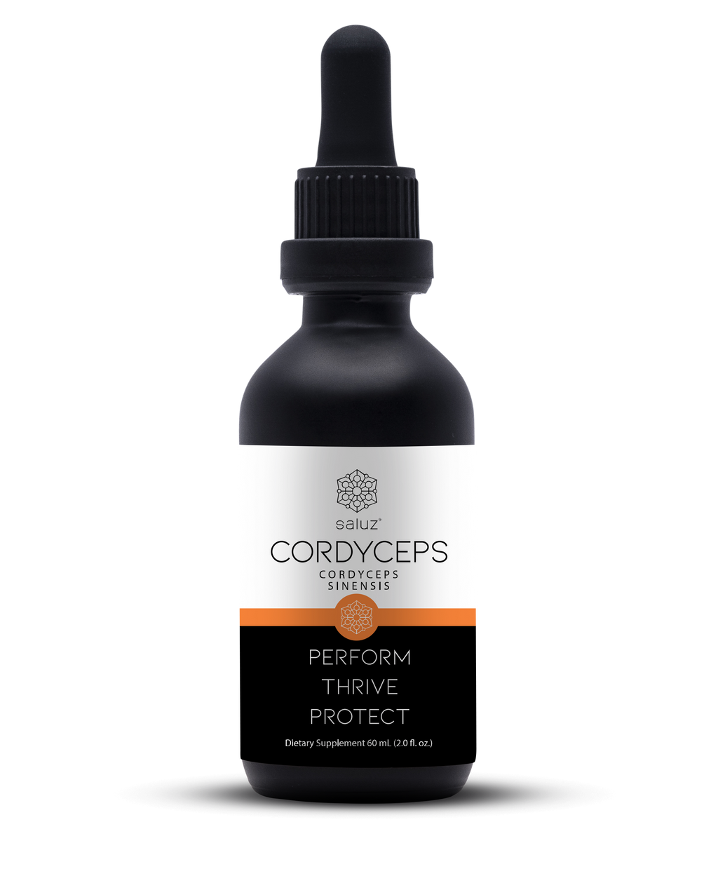 Saluz.io Cordyceps Mushroom Tincture bottle with label for energy boost, 2 oz. vitamin and supplement product.