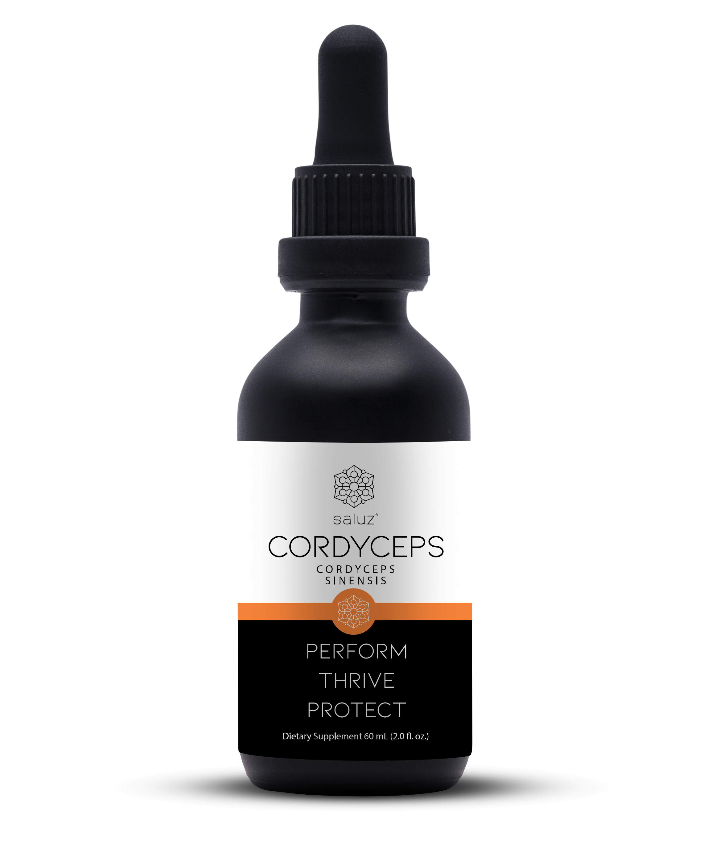 Saluz.io Cordyceps Mushroom Tincture bottle with label for energy boost, 2 oz. vitamin and supplement product.