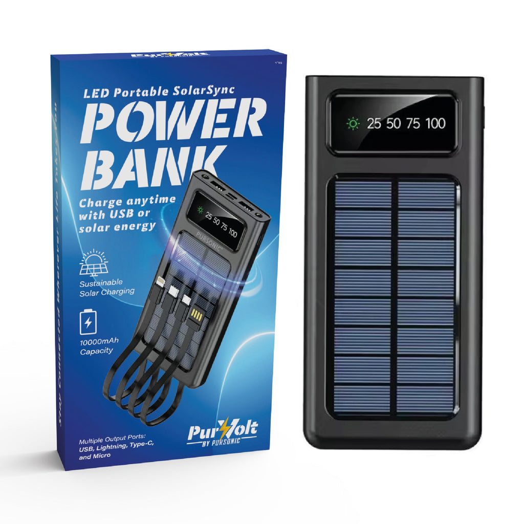 Pursonic LED Portable Solarsync Power Bank with solar charging, compact electronics device for power on the go, black and silver design