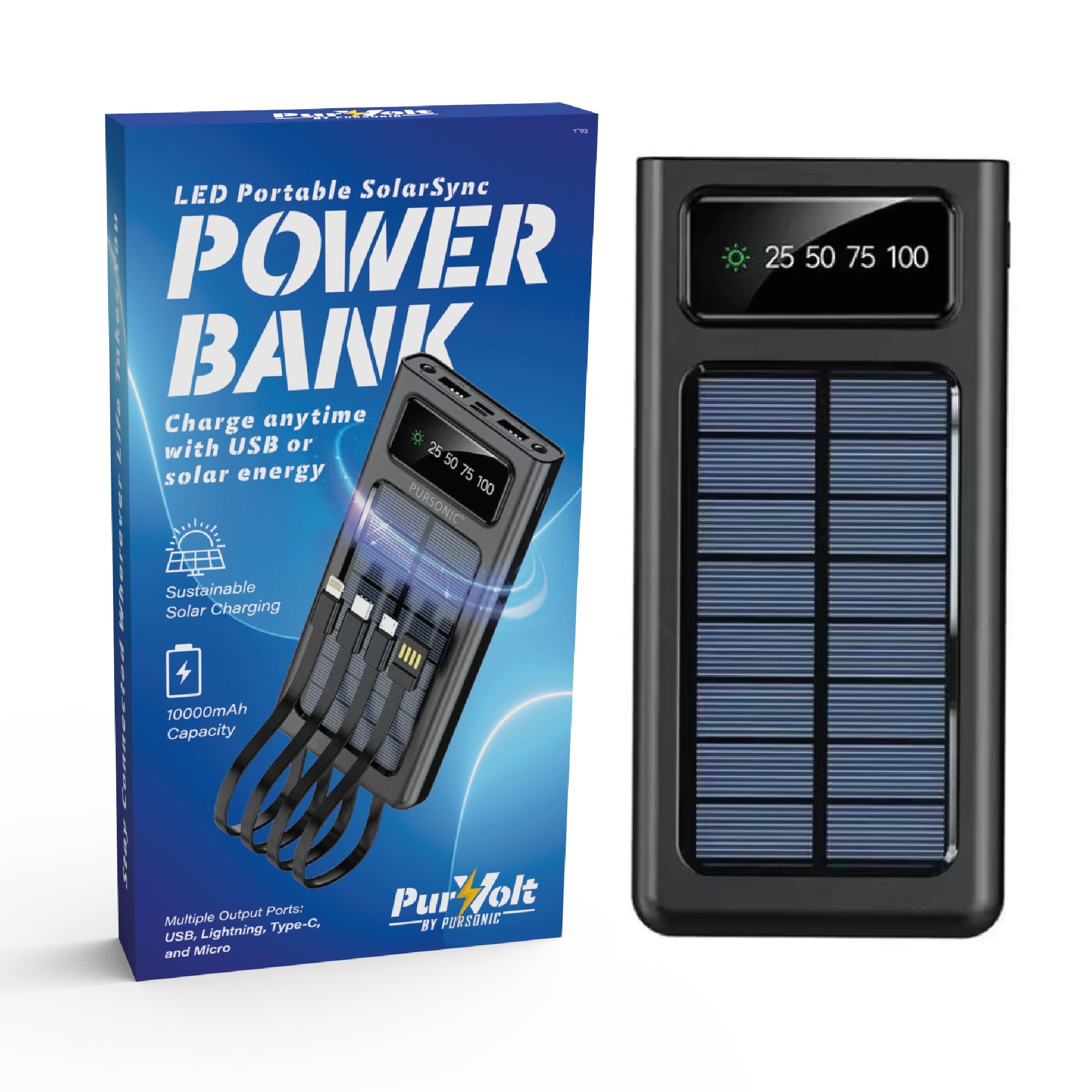 Pursonic LED Portable Solarsync Power Bank with solar charging, compact electronics device for power on the go, black and silver design