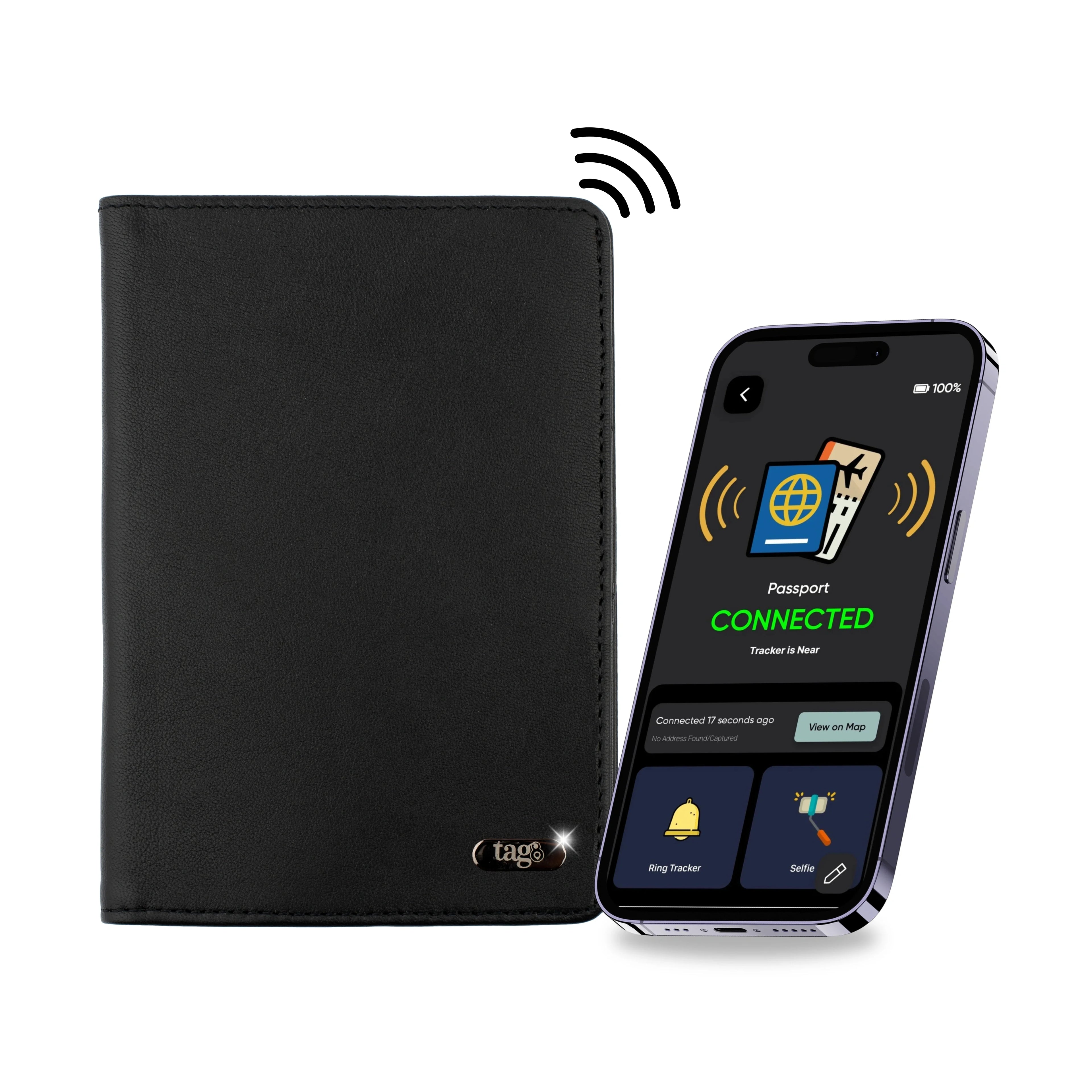 Black Dolphin Smart Leather Passport Tracker with RFID, designed for secure passport protection and easy tracking.