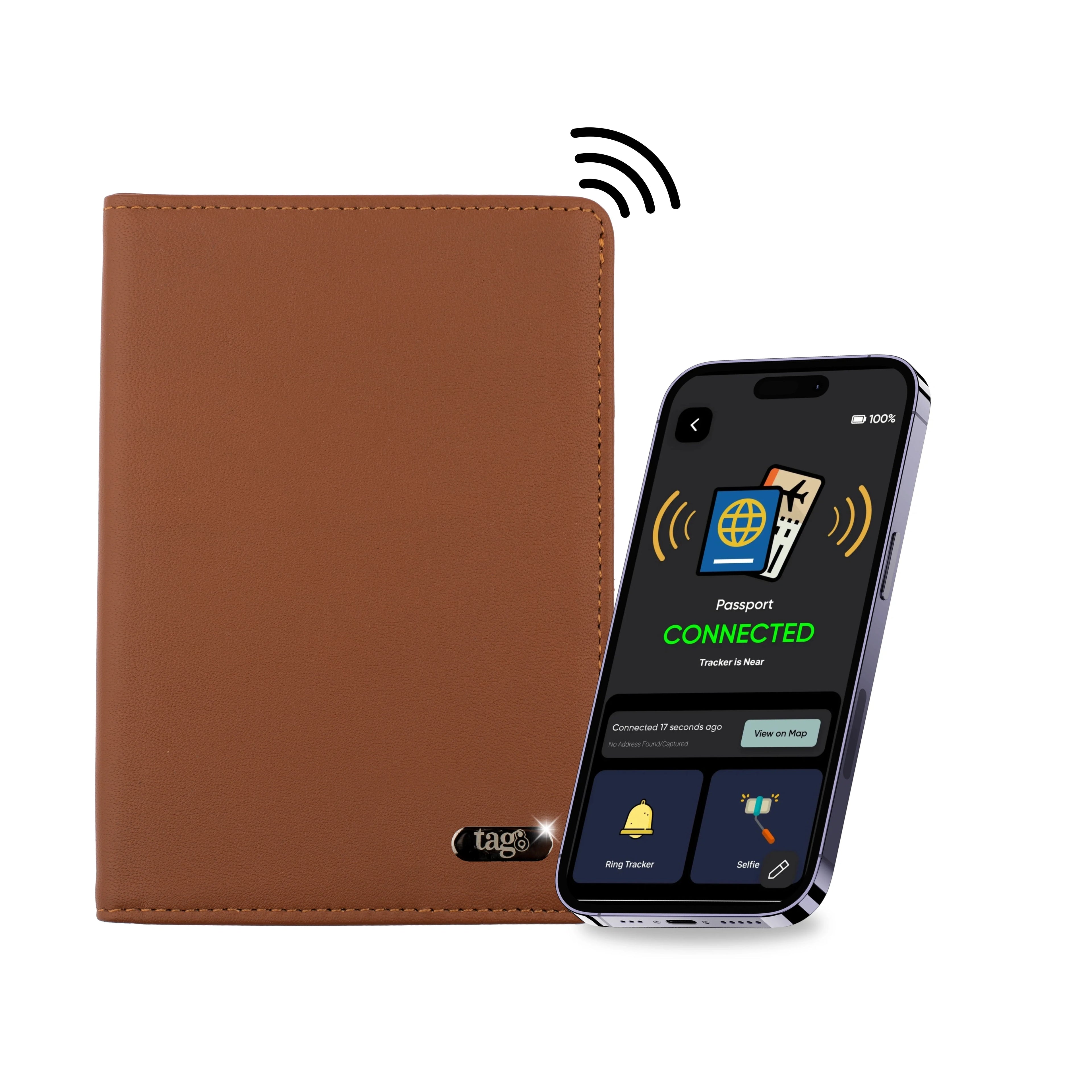 Dolphin Smart Leather Passport Tracker in tan, RFID-enabled travel accessory with Dolphin Tracker branding and sleek design.