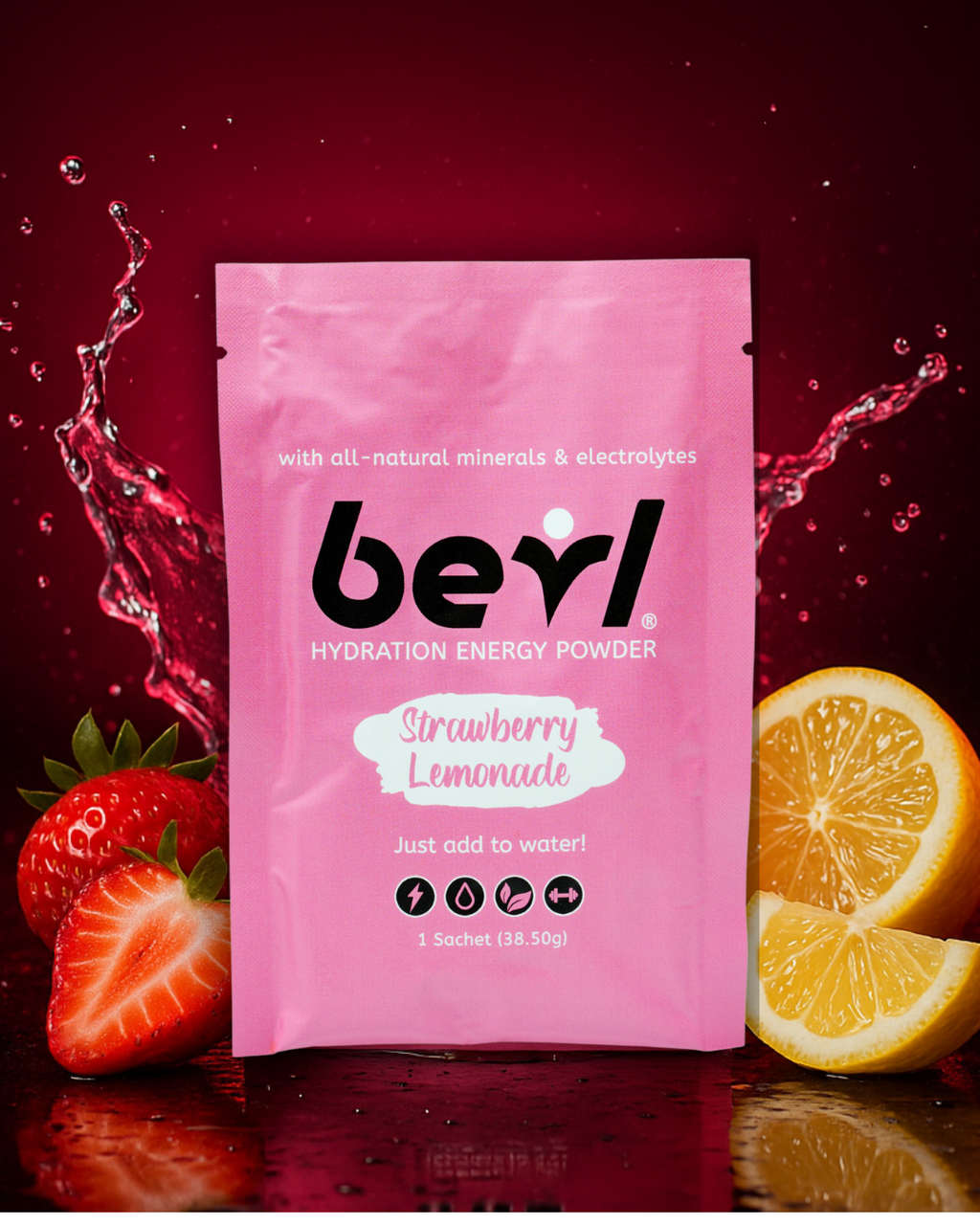 Strawberry Lemonade Hydration Energy Powder by BEVL Dance Healthy with a vibrant splash of strawberry and lemon flavors.