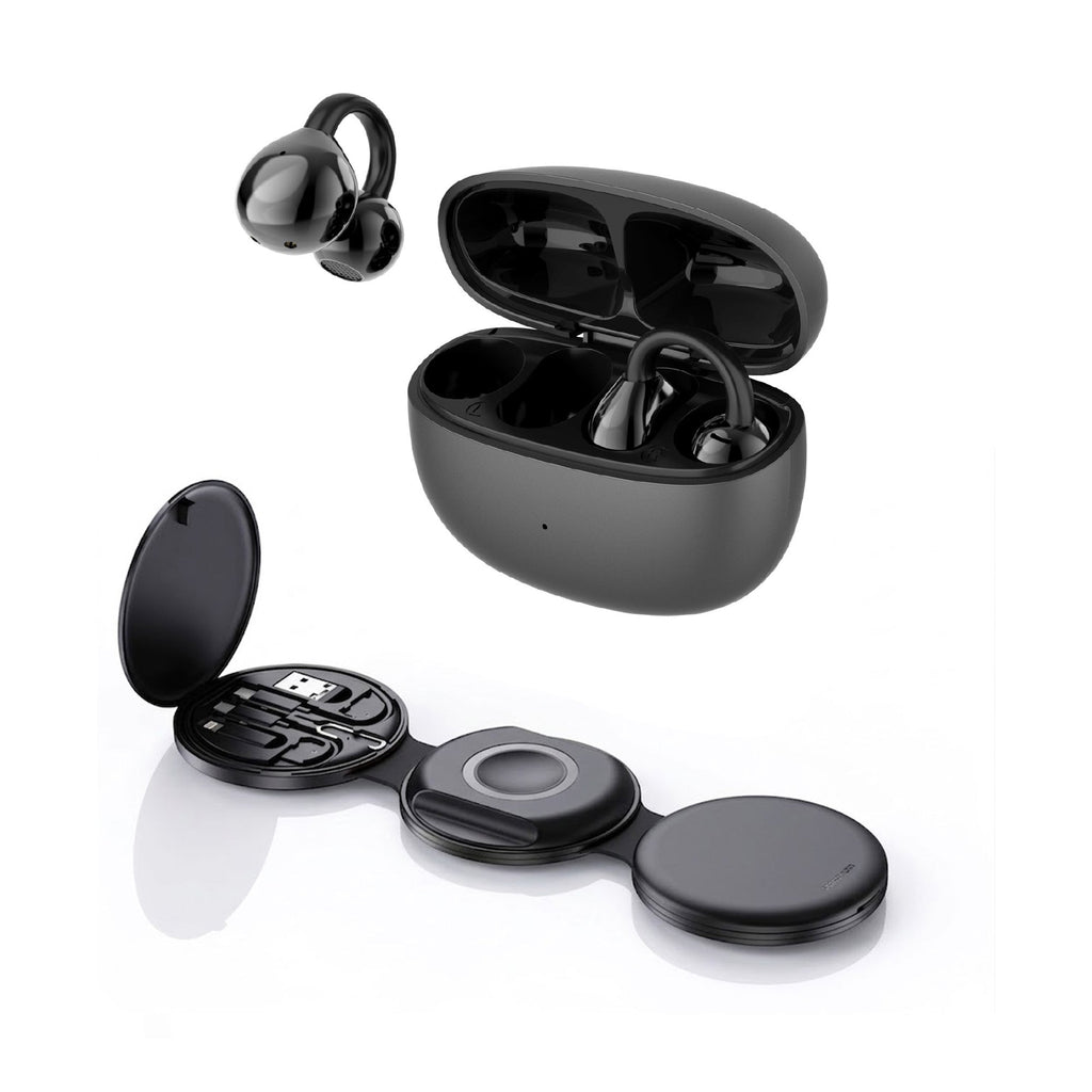 Pursonic Power & Sound Essentials Bundle featuring a 5-in-1 folding wireless charging station and true wireless earbuds, black color.
