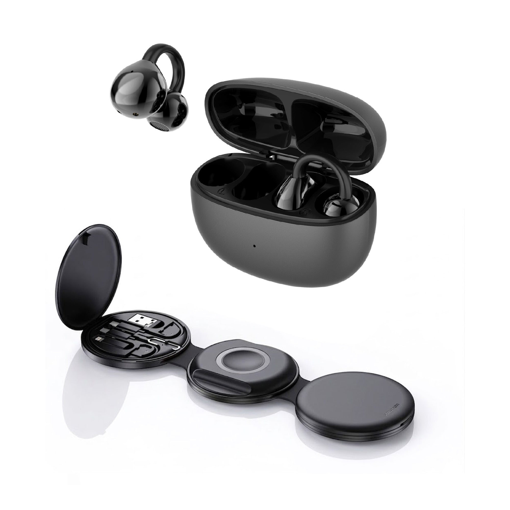 Pursonic Power & Sound Essentials Bundle featuring a 5-in-1 folding wireless charging station and true wireless earbuds, black color.