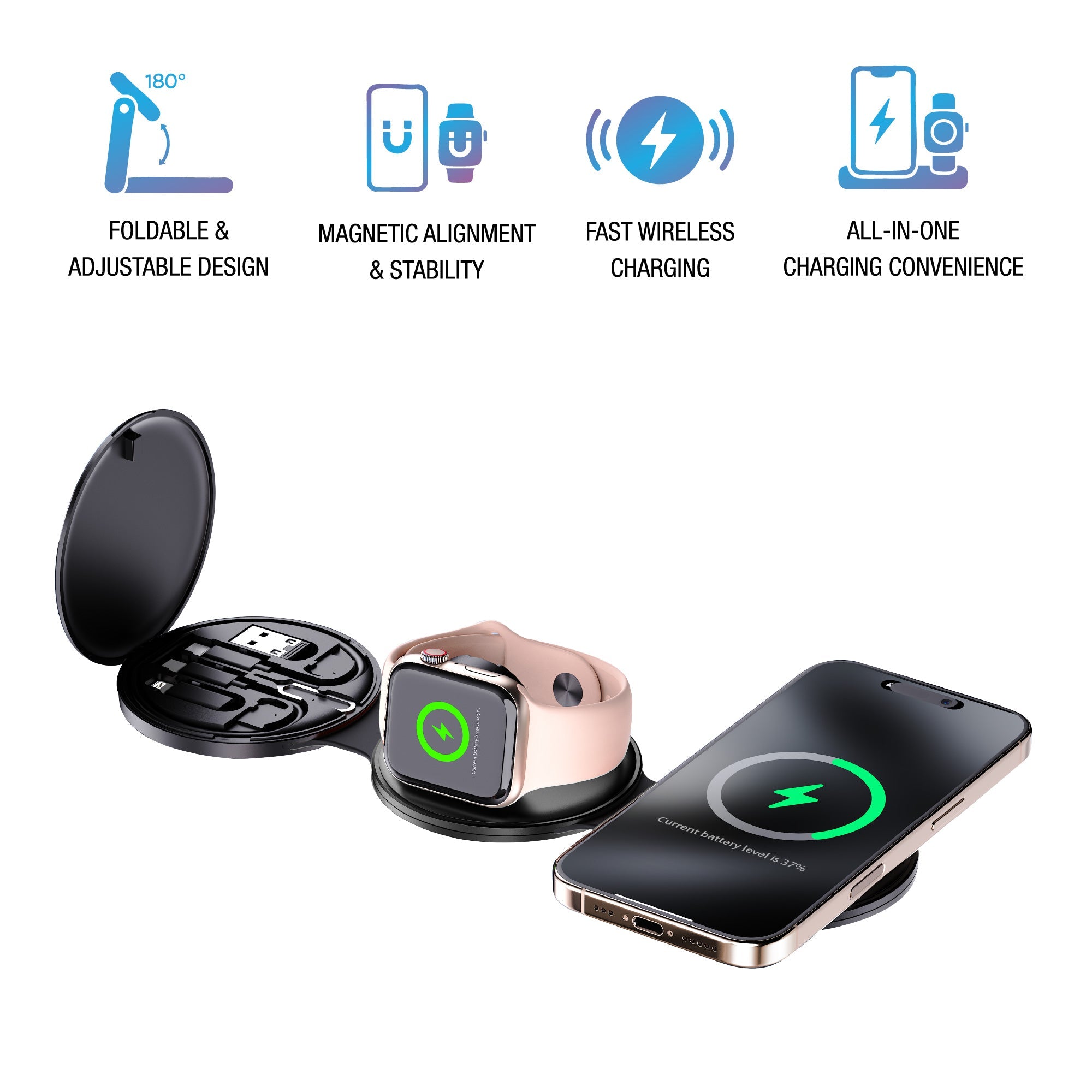 Pursonic Power & Sound Essentials Bundle featuring a 5-in-1 folding wireless charging station and true wireless earbuds.