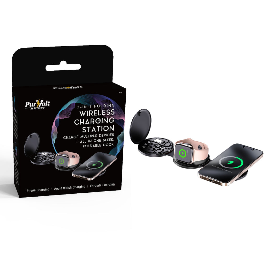 Pursonic Power & Sound Essentials Bundle showing a 5-in-1 folding wireless charging station and true wireless earbuds.