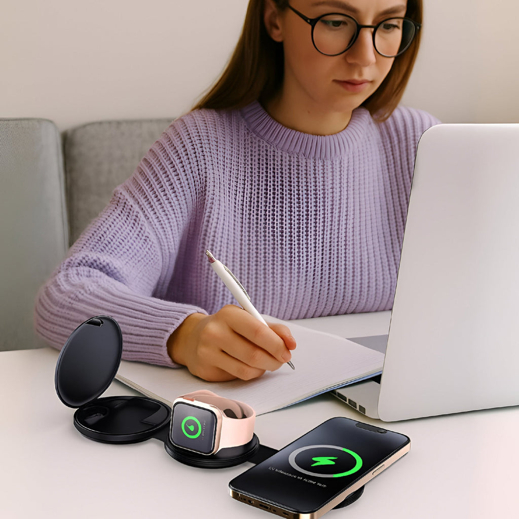 Pursonic wireless charging and mug warmer bundle with a 5-in-1 folding charging station, shown in a lifestyle setting with electronic devices.