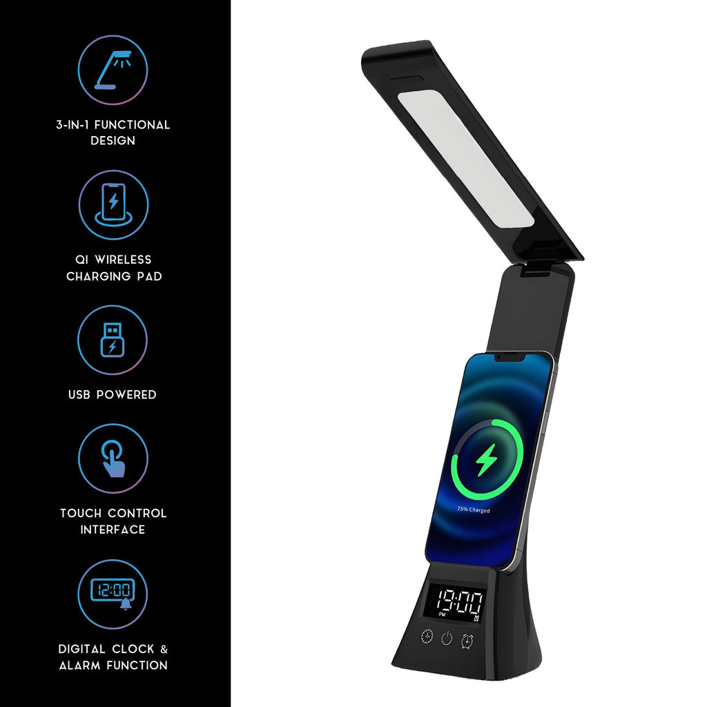Pursonic 3-in-1 LED desk lamp with wireless charger and alarm clock, sleek black electronic device on a modern workspace.