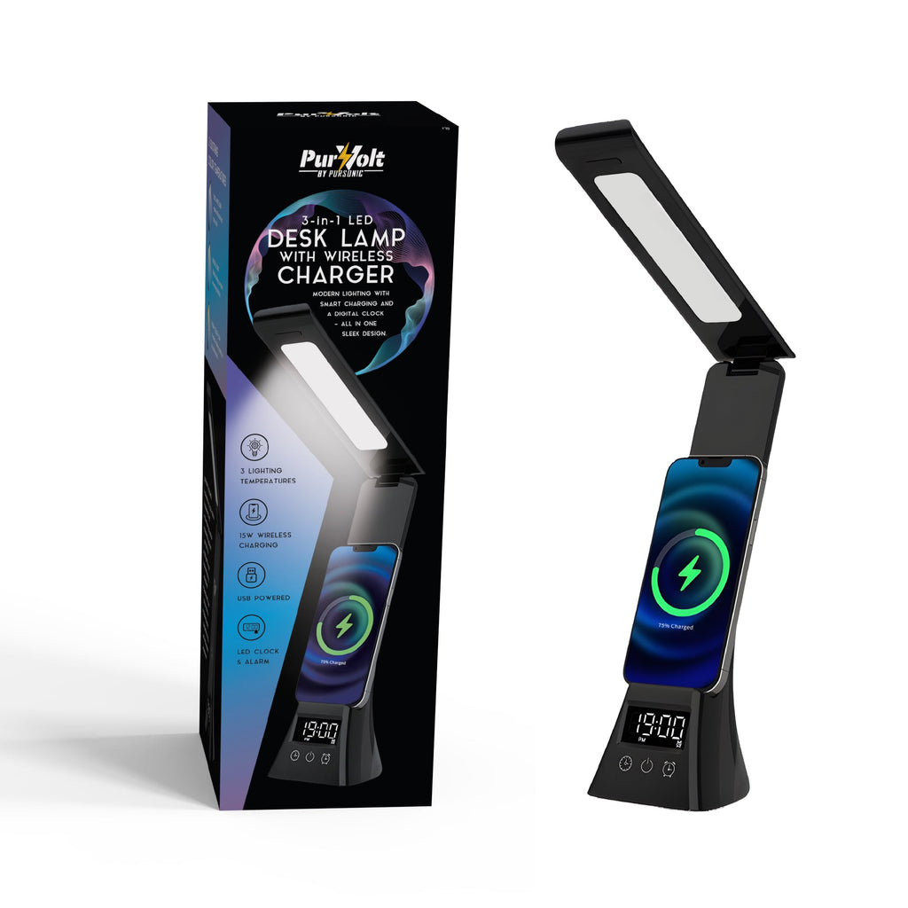 Pursonic 3-in-1 LED desk lamp with wireless charger and alarm clock, sleek and space-saving electronics for modern workspace.
