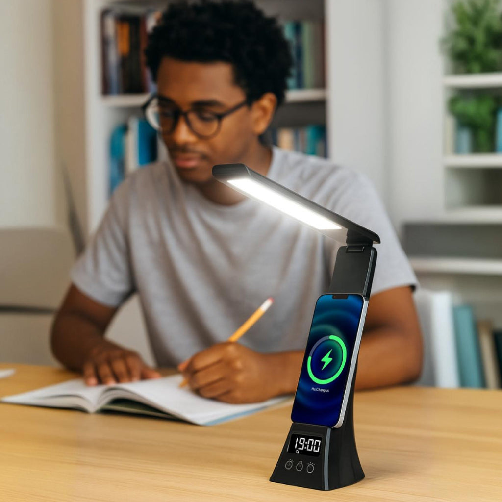 Pursonic 3-in-1 LED desk lamp with wireless charger and mug warmer, modern workspace electronics for productivity and lighting.
