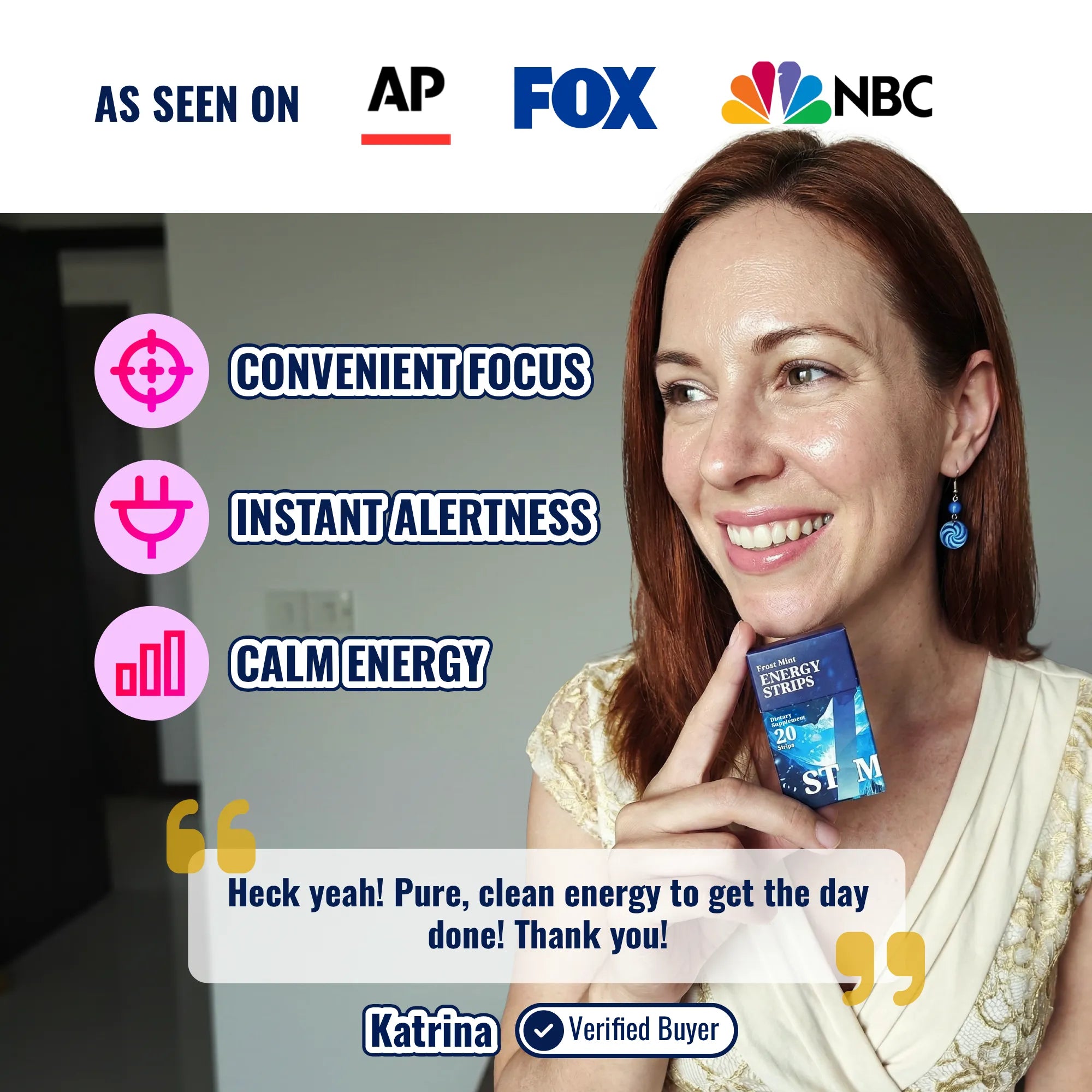 Female holding a pack of STIM Energy Strips, oral dissolving strips in three vibrant flavors for quick energy boost.