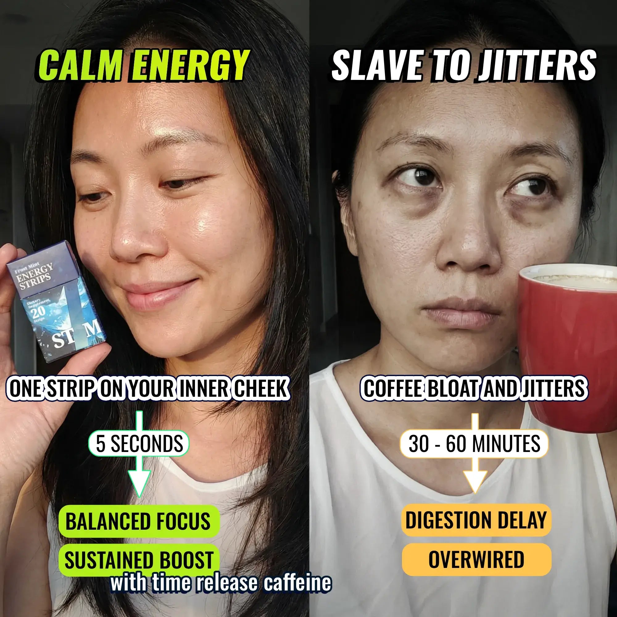 Woman holding STIM Energy Strips oral dissolving strips in three flavors, showcasing quick energy boost and convenient packaging.