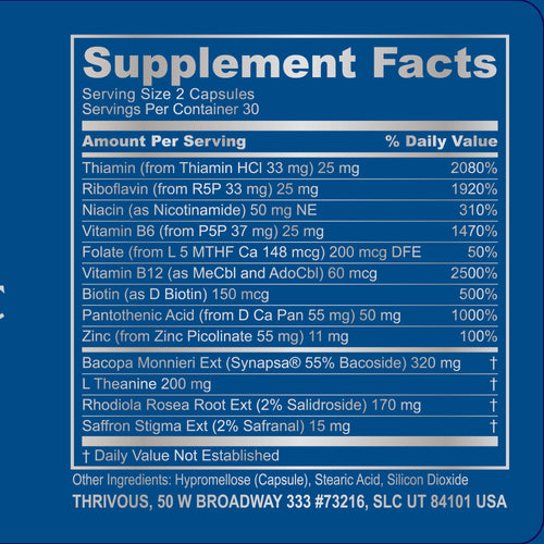 Bottle of Thrivous Clarity and Vitality Stack dietary supplement with label showing product name and ingredients.