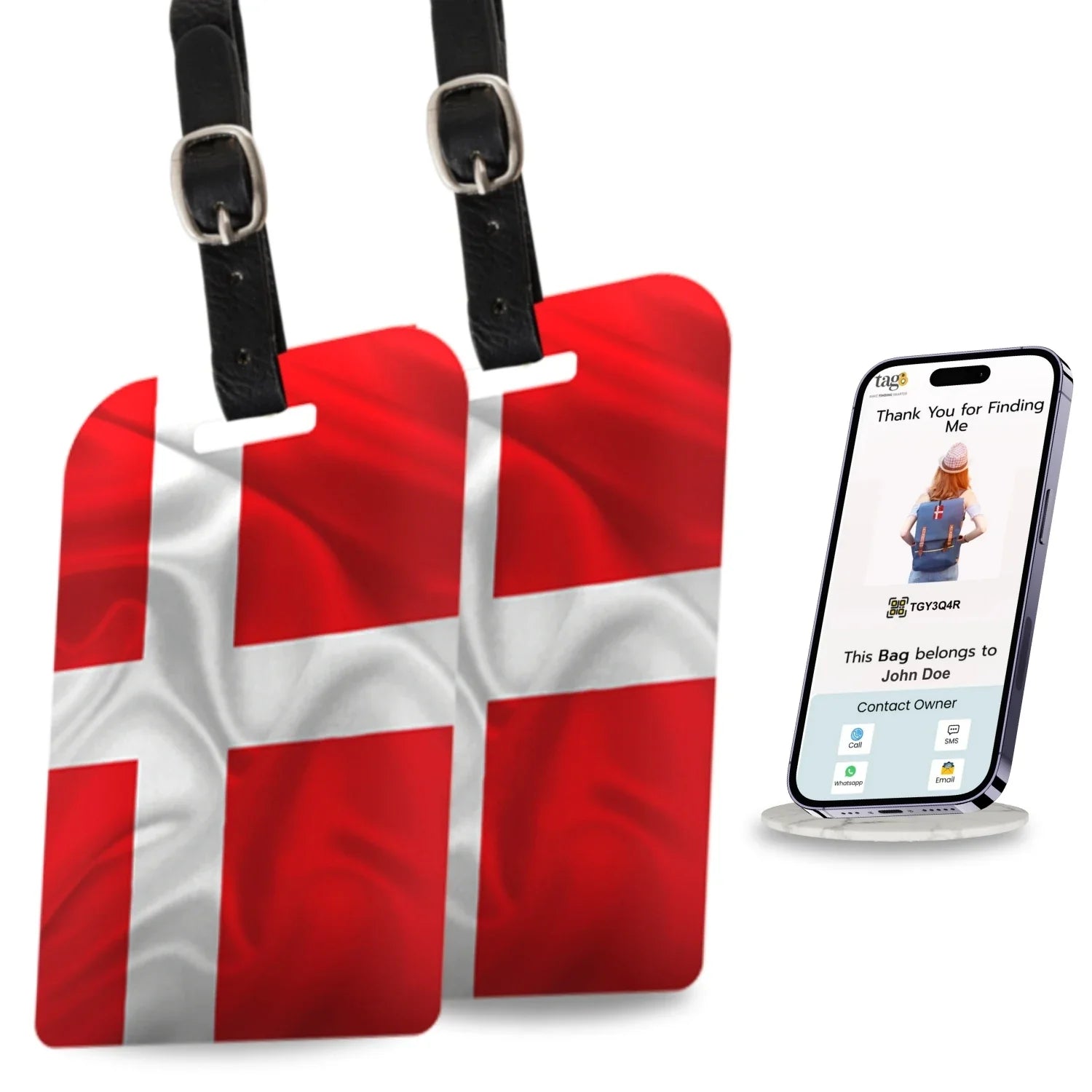 Smart bag security tags with Denmark flag design by Global Lost Recovery Service, featuring QR code for tracking.