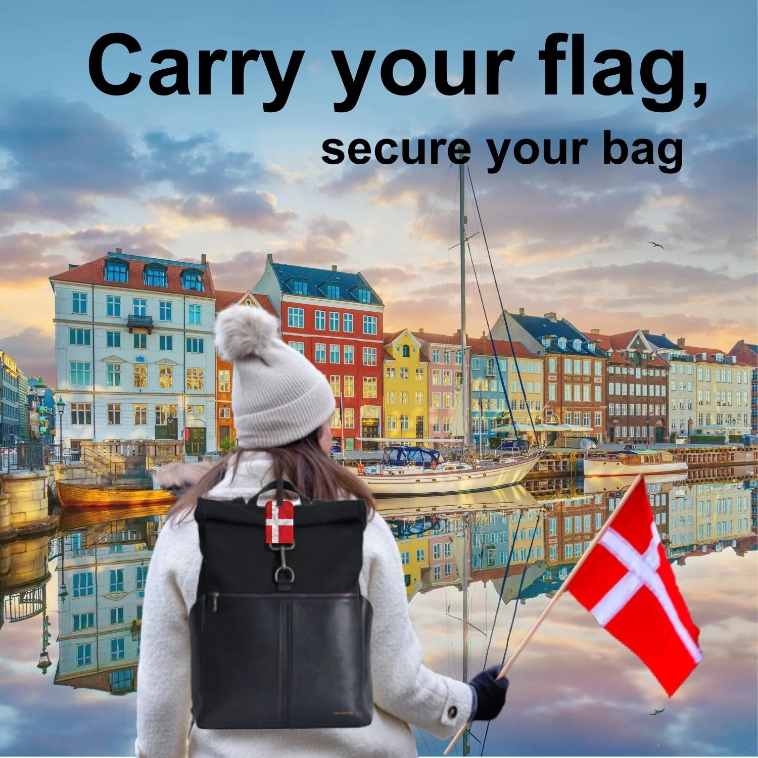 Smart Bag Security Tag with Denmark flag design, from Global Lost Recovery Service, featuring QR code for airport luggage security.