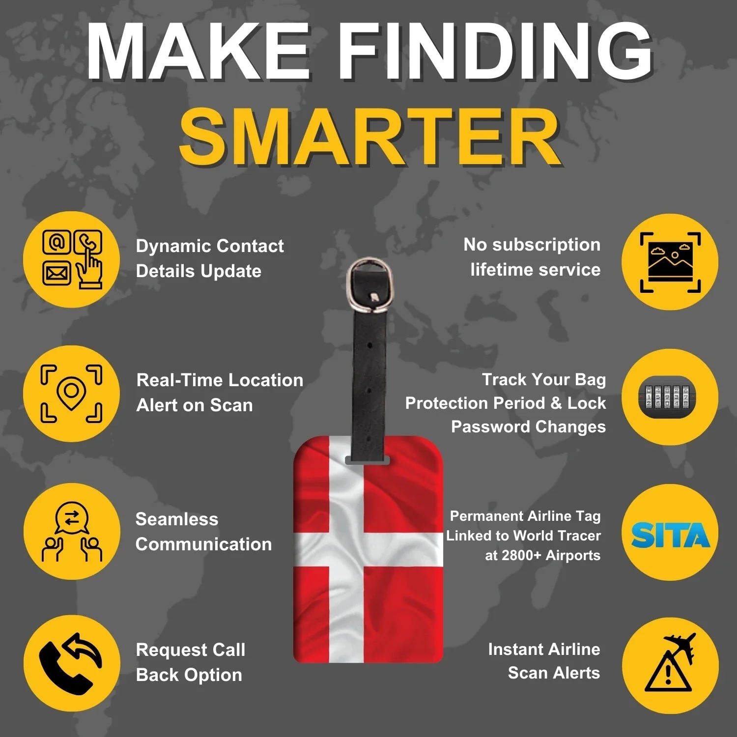 Smart Bag Security Tag with Denmark flag design by Global Lost Recovery Service, featuring QR code for luggage tracking.
