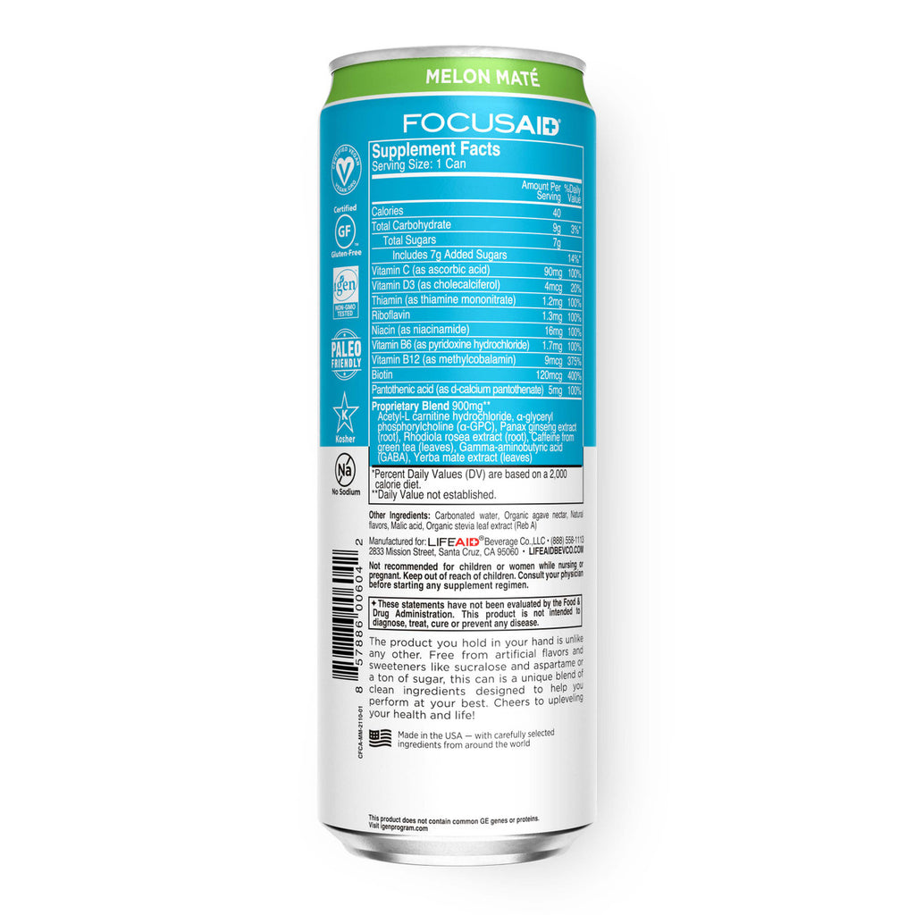 LIFEAID FOCUSAID Focus food supplement bottles by Night Shift Supply Company, 12-pack of 12 oz bottles for mental clarity.
