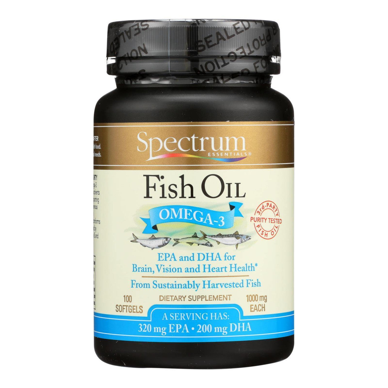 Spectrum Essentials Fish Oil Omega 3 supplement bottle with 100 capsules from Night Shift Supply Company, displaying label and capsules