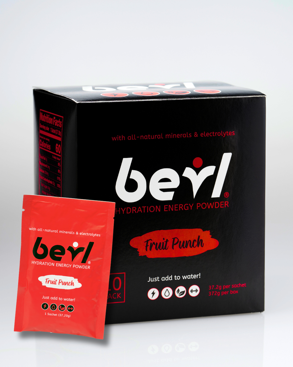 Fruit Punch Hydration Energy Powder by BEVL, showing the colorful powder packet with vibrant fruit illustrations.