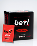 Fruit Punch Hydration Energy Powder by BEVL, showing the colorful powder packet with vibrant fruit illustrations.