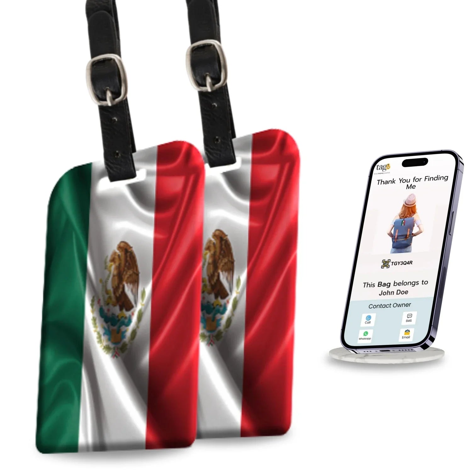 Mexico flag security tags by Global Lost Recovery Service, pack of 2, designed for bag security at airports worldwide.