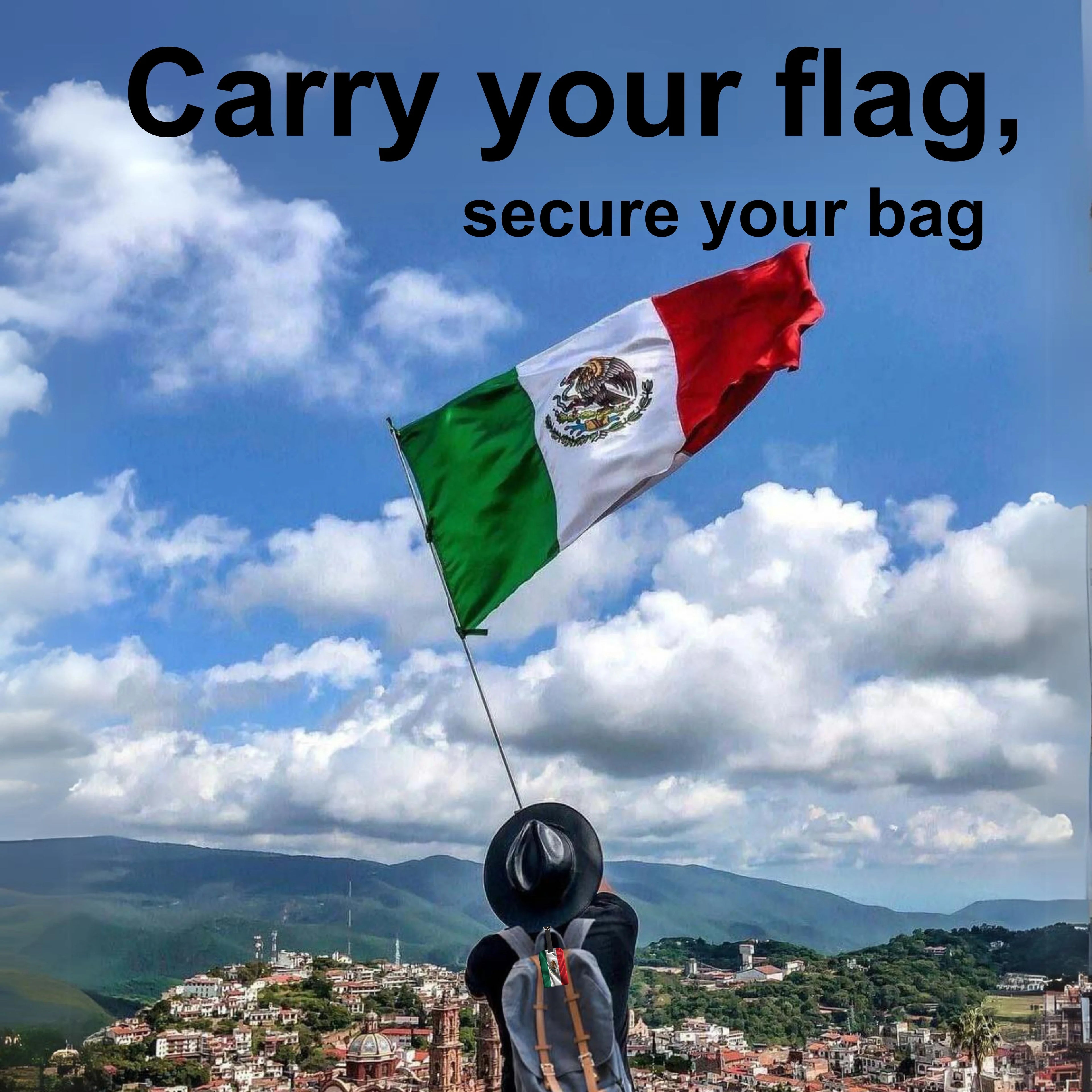 Smart Bag Security Tag with Mexico flag design by Global Lost Recovery Service, shown attached to luggage for theft prevention.