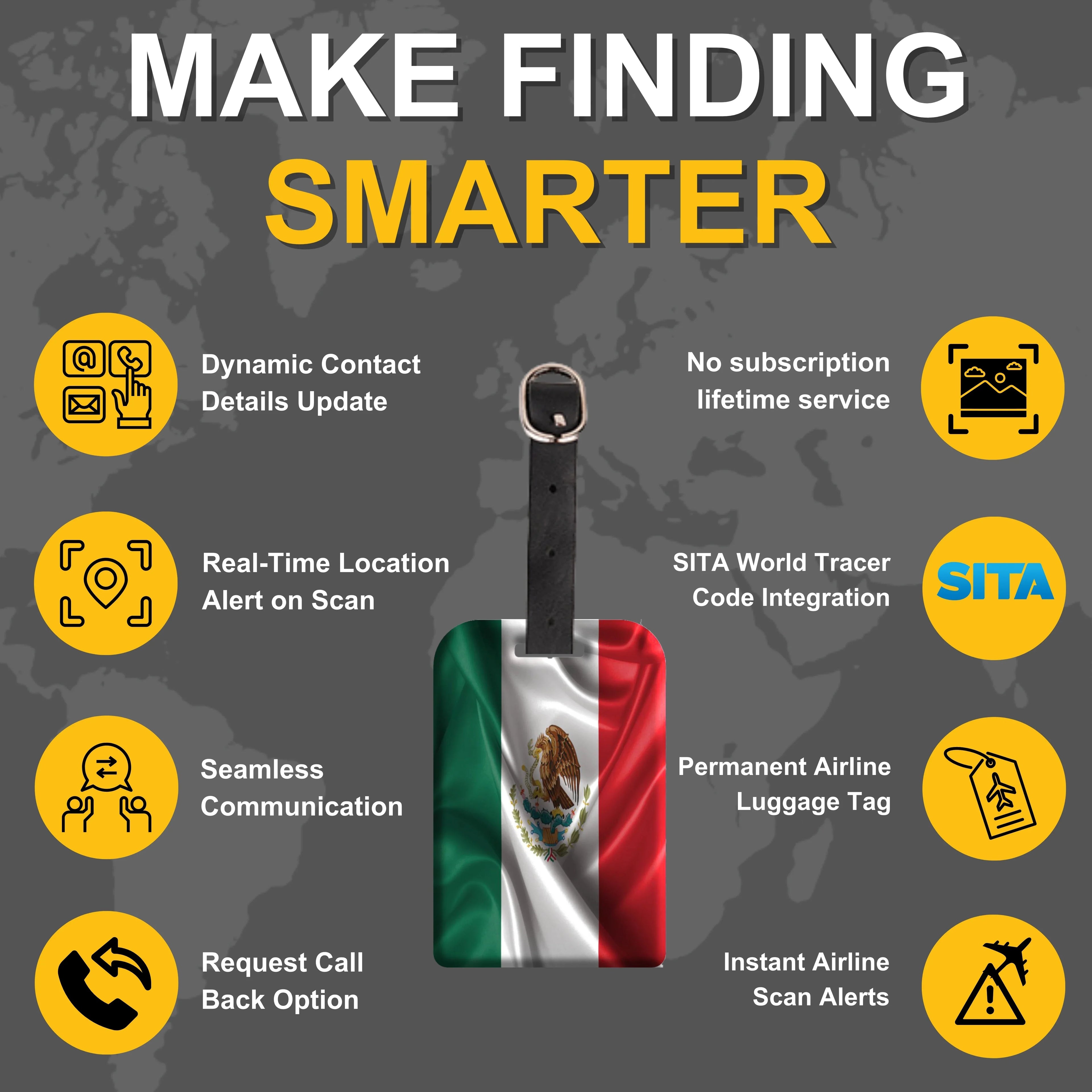 Pair of Smart Bag Security Tags with Mexico flag design, featuring QR codes, from Global Lost Recovery Service for secure luggage identification.
