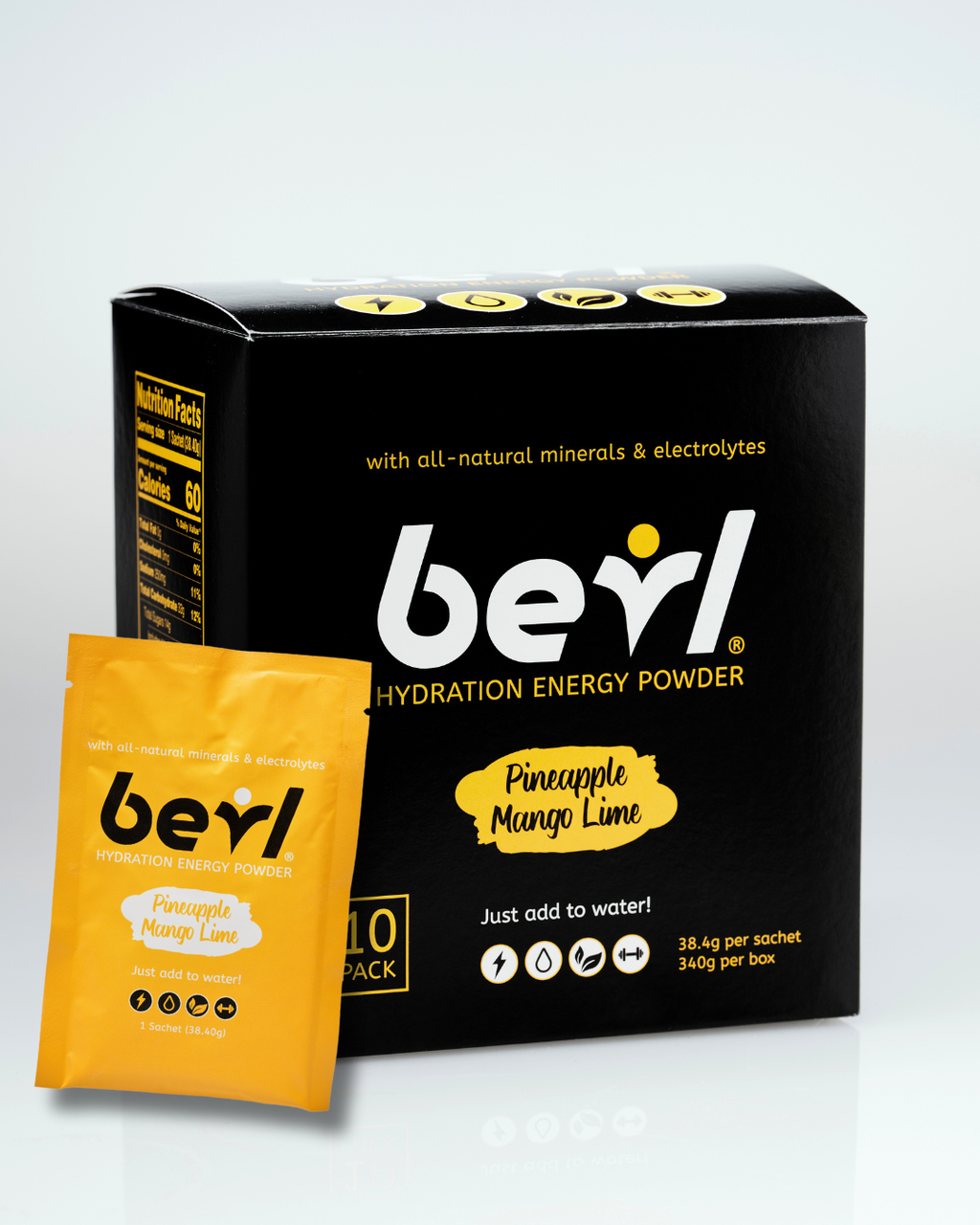 Pineapple Mango Lime hydration energy powder by BEVL - Dance Healthy, shown in a colorful scoop with powder ingredients.