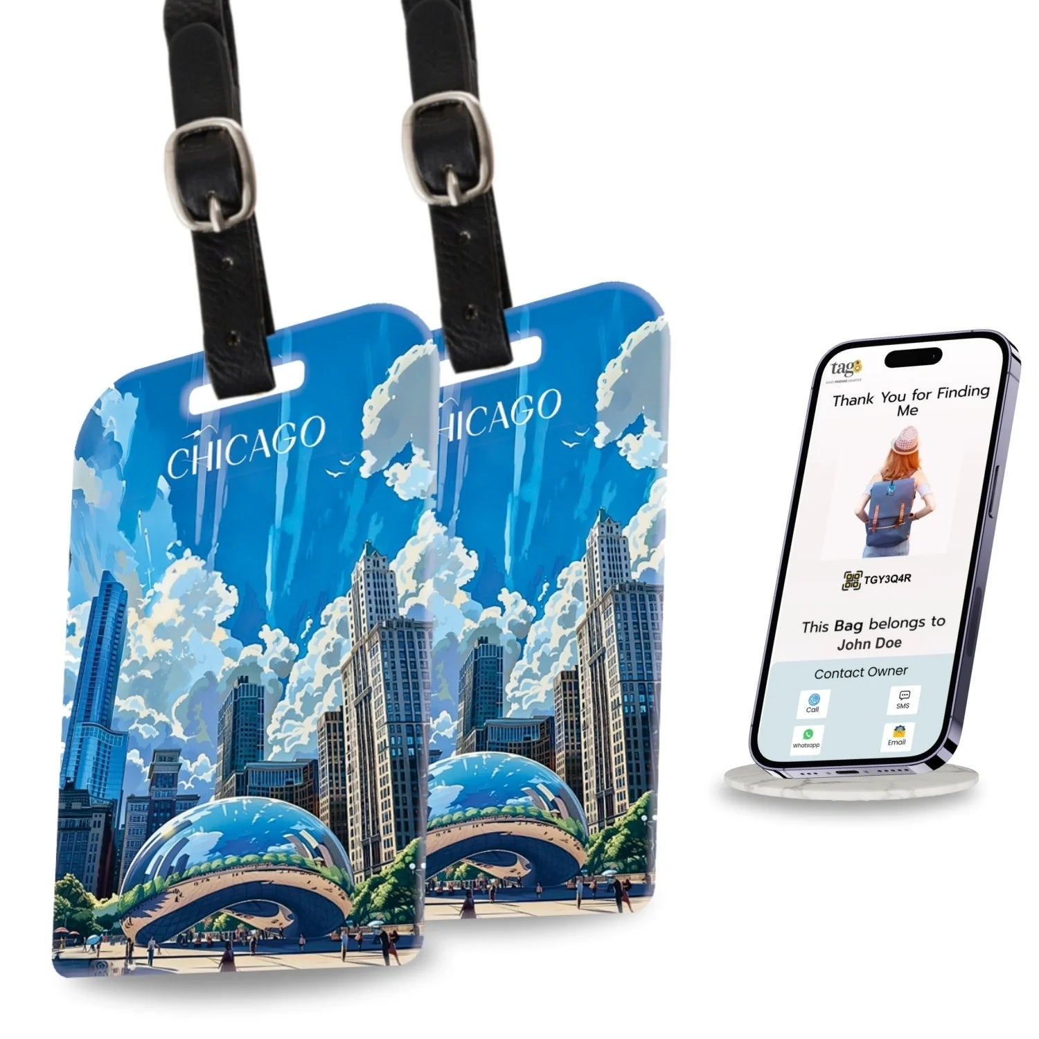 Two Chicago Smart Bag Security Tags by Global Lost Recovery Service, durable security tags for luggage with airport security features.