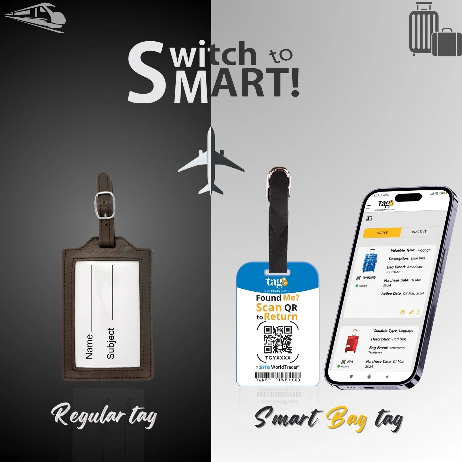 Two Chicago Smart Bag Security Tags by Global Lost Recovery Service, featuring secure locking mechanisms for luggage security.