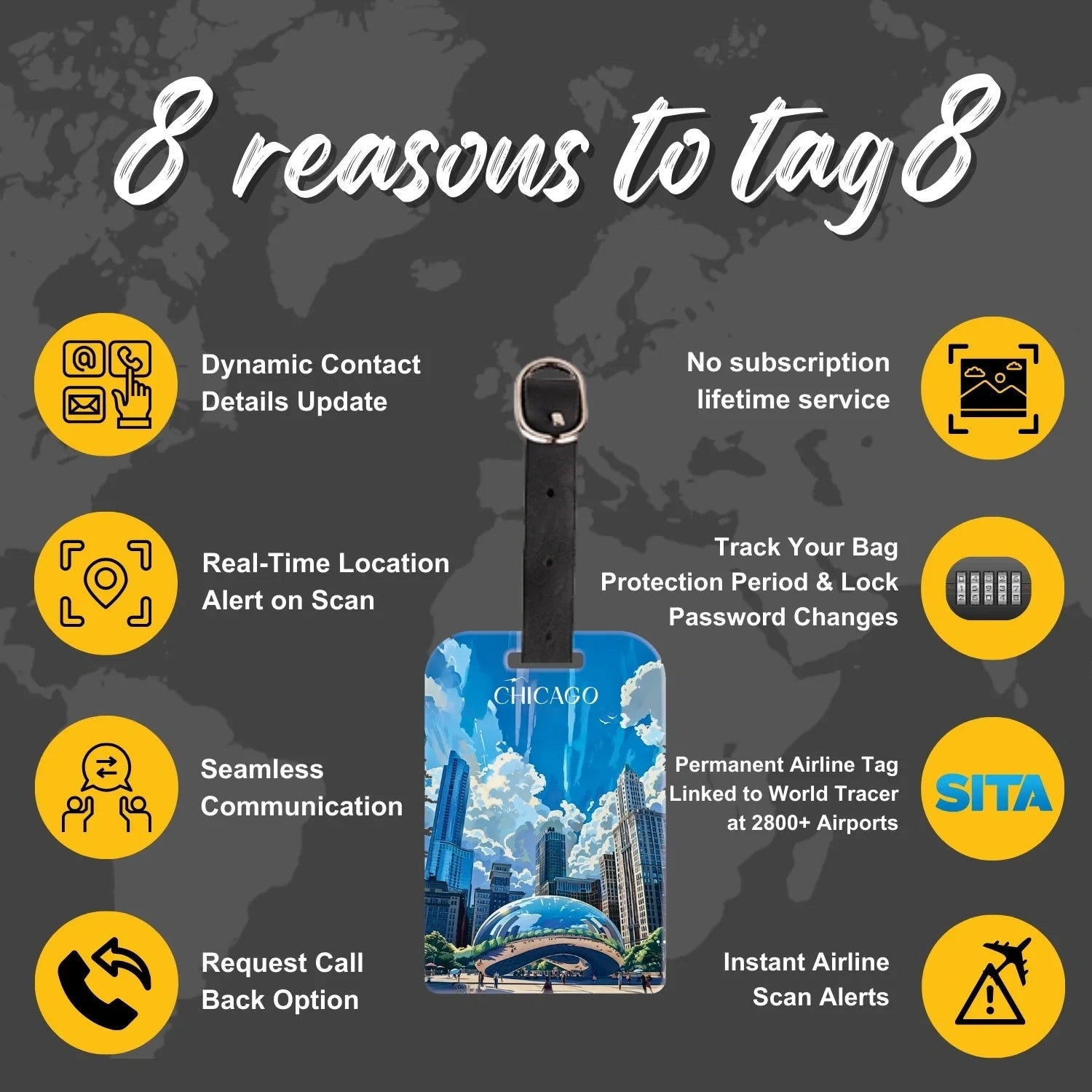 Global Lost Recovery Chicago smart security bag tag with barcode and key attachment for airport luggage protection.