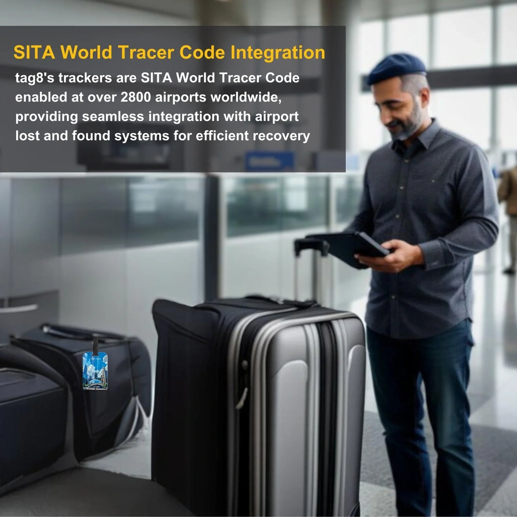 Smart Bag Security Tag from Global Lost Recovery Service featuring Chicago design, attached to a luggage bag for theft prevention.