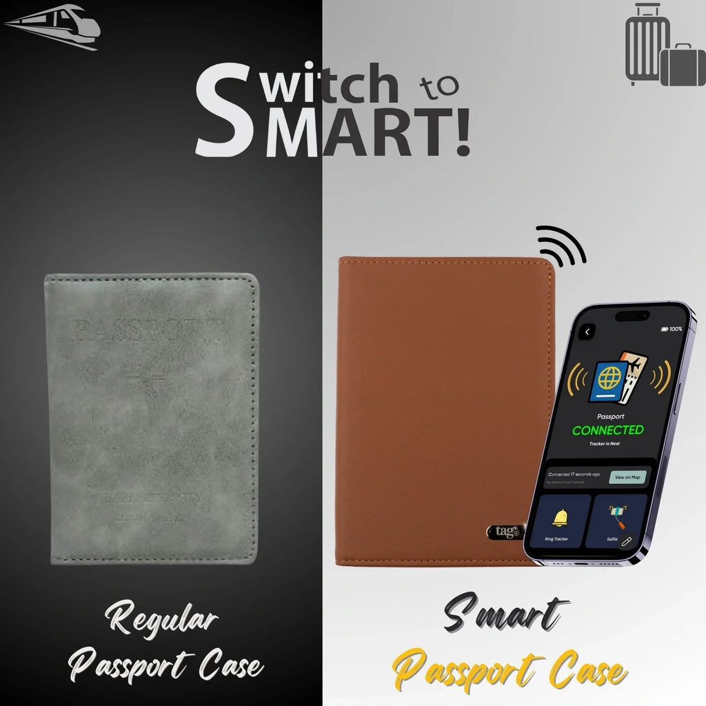 Dolphin Smart Leather Passport Tracker with RFID, designed to securely hold and protect a passport with a sleek leather finish.