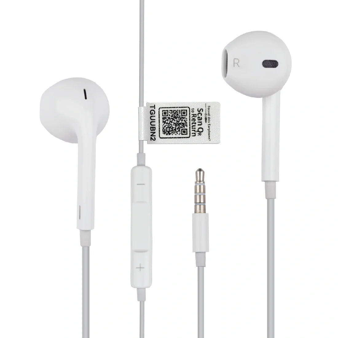 Loss Recovery Find My Phone earphones with QR code tag for easy tracking and recovery. Compact and wireless design.