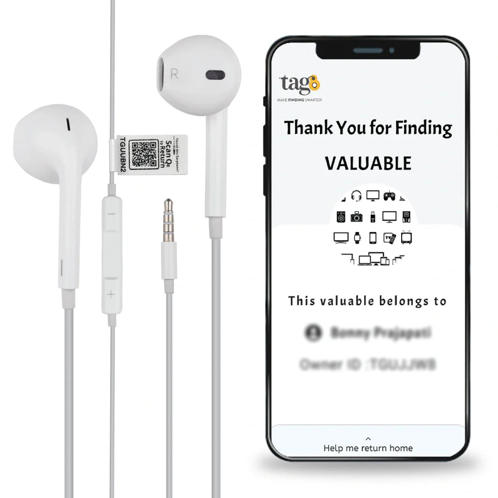 Loss Recovery Find My Phone earphones with QR code tag for easy tracking and recovery.
