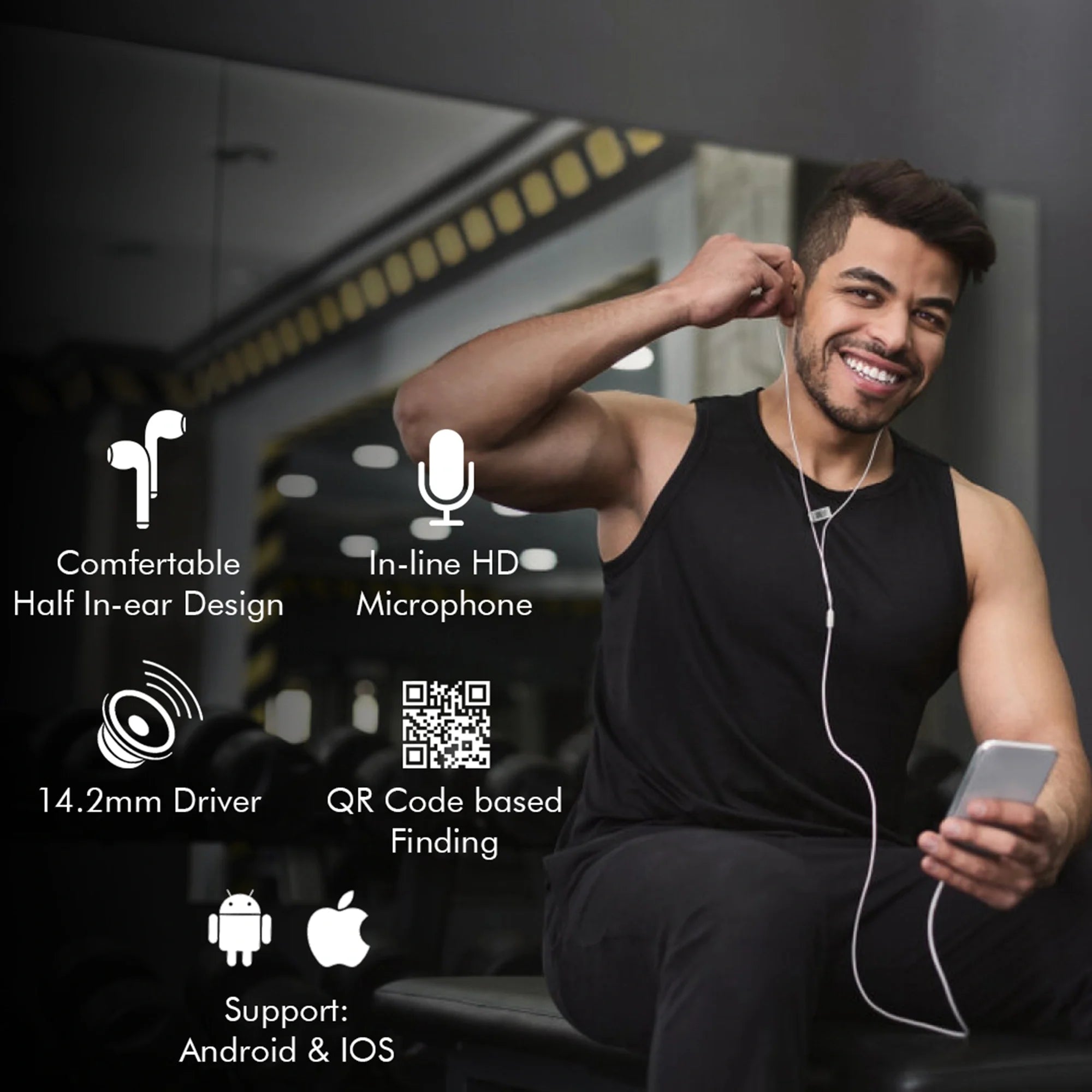 Loss Recovery Find My Phone earphones with QR code tag, compact design, and built-in tracking feature for easy recovery.