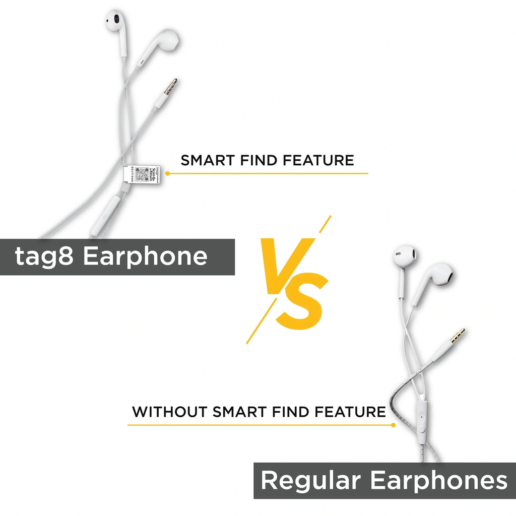 Loss Recovery Find My Phone earphones with QR code tag for easy tracking and recovery.