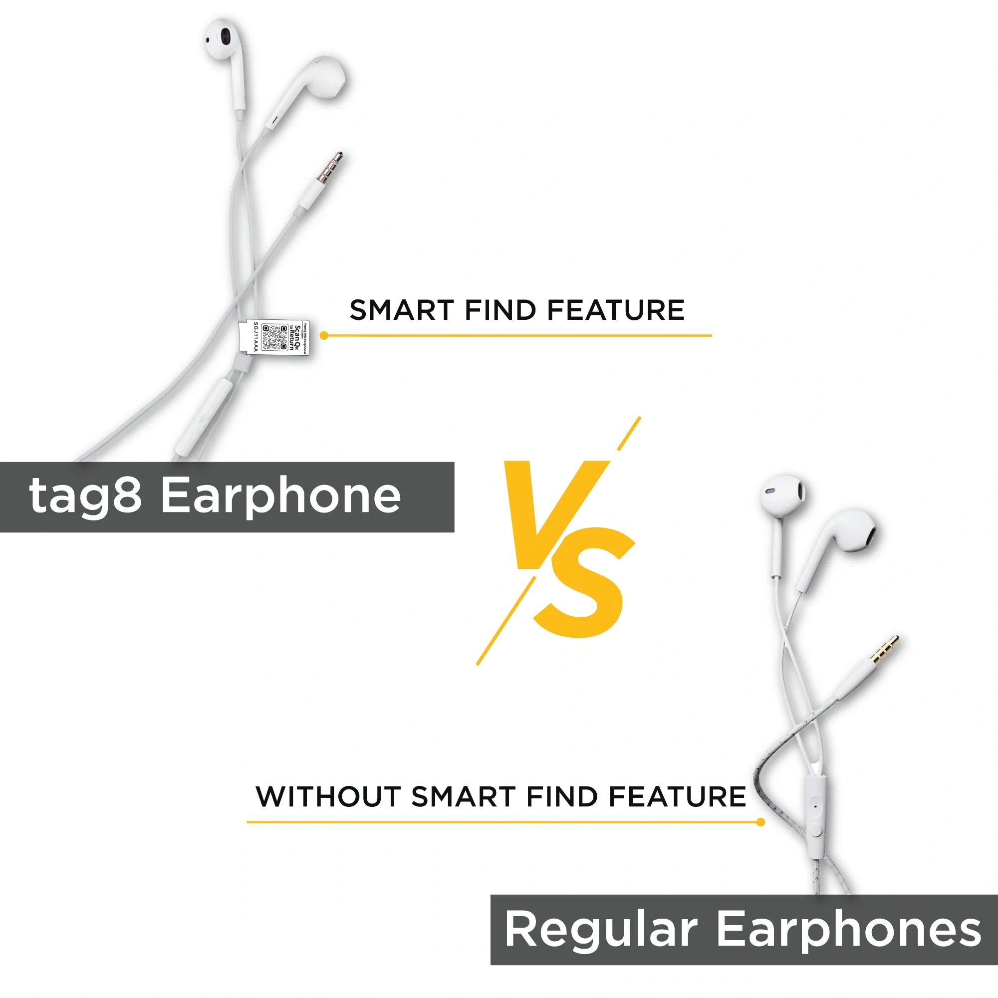 Loss Recovery Find My Phone earphones with QR code tag for easy tracking and recovery.