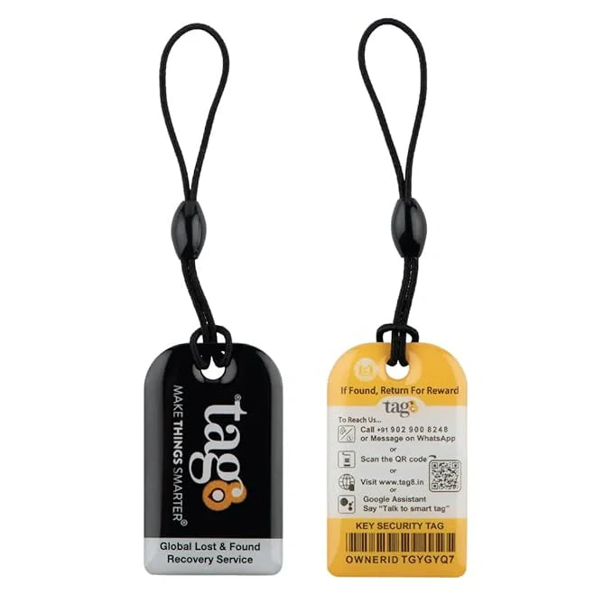 Pair of Key Security tags from Key Tag I, designed to attach to keys, bags, toys, and other valuables for security.