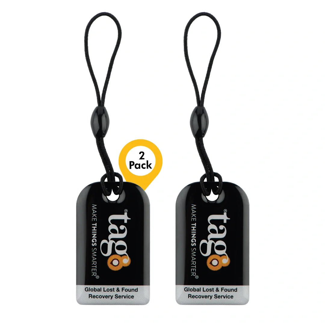 Key Security tag from Key Tag brand, shown attached to keys, bags, or toys for secure identification and protection.