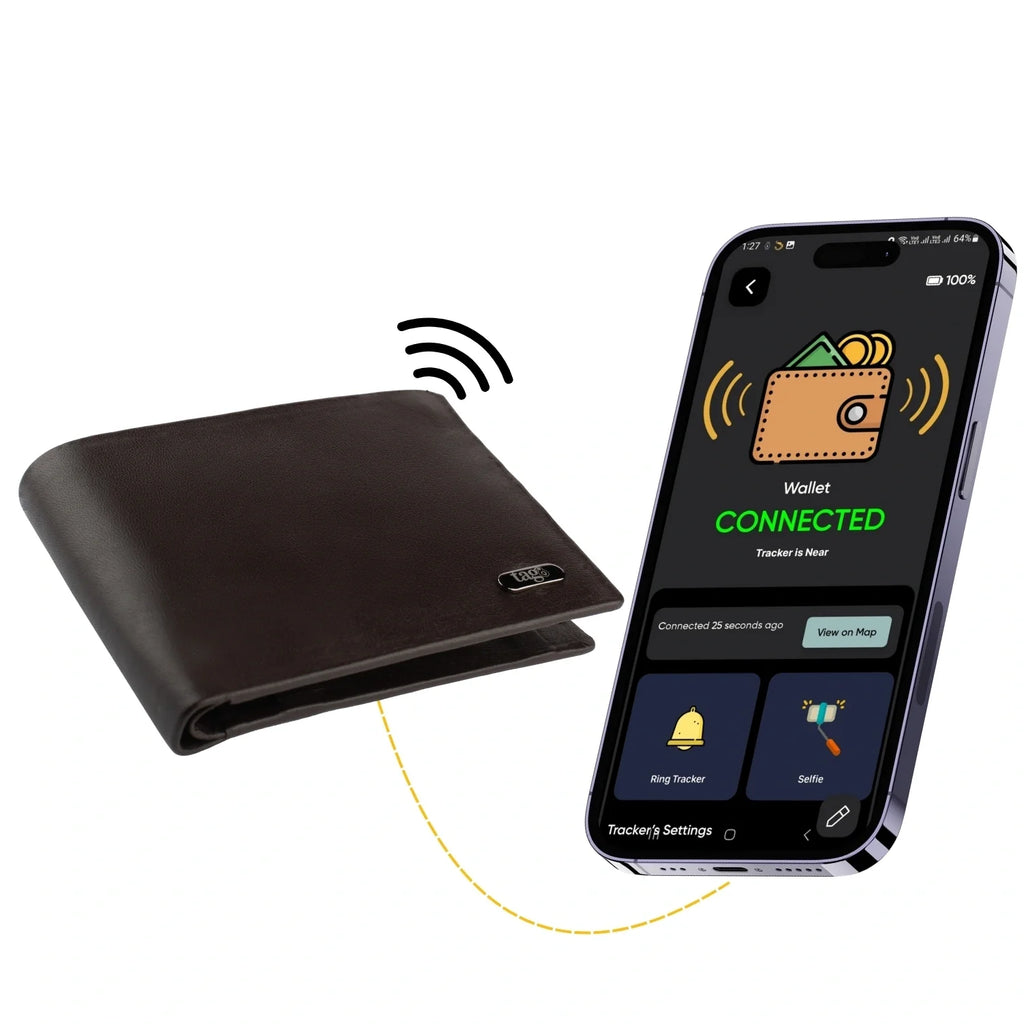 Dolphin Tracker stitchless smart wallet with RFID protection, featuring sleek design and integrated tracking tag for lost recovery.