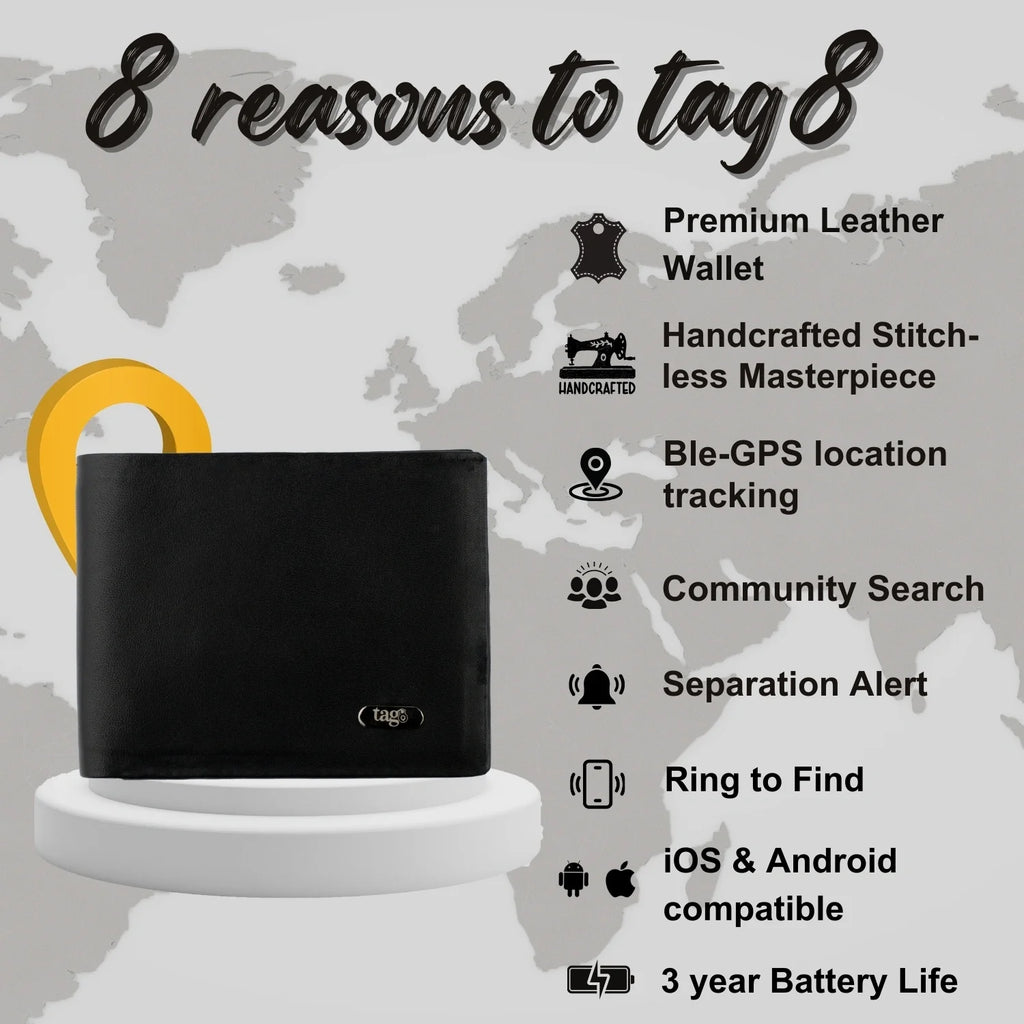 Stitchless Dolphin Tracker smart wallet with RFID, designed for secure card storage and easy lost item recovery.