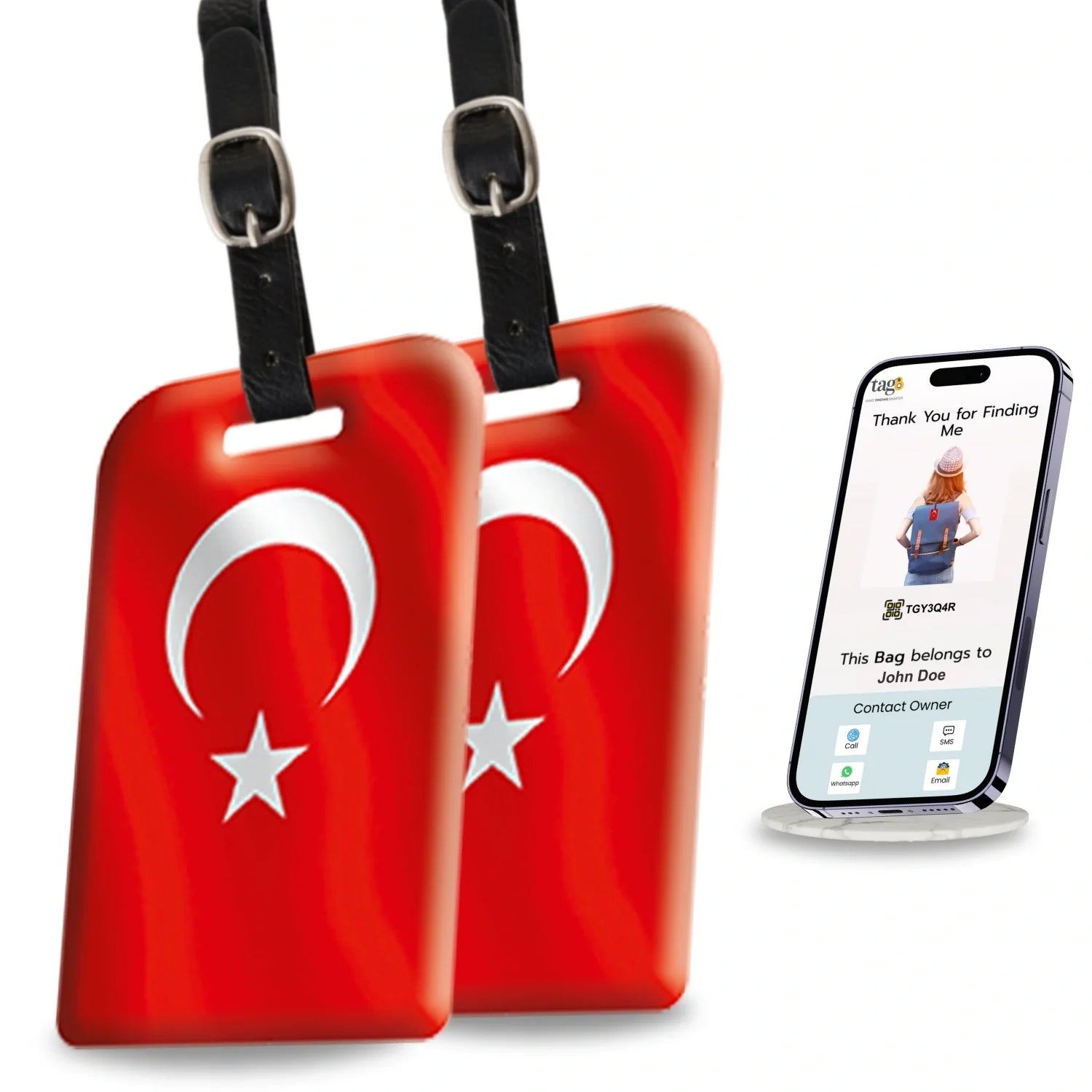 Smart Bag Security Tag with Turkey flag design from Global Lost Recovery Service, shown attached to a luggage bag.